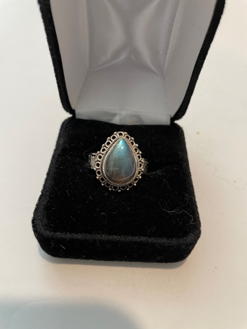 Sterling Silver Teardrop Opal Ring - Iridescent Rainbow Moonstone -Size 8.25